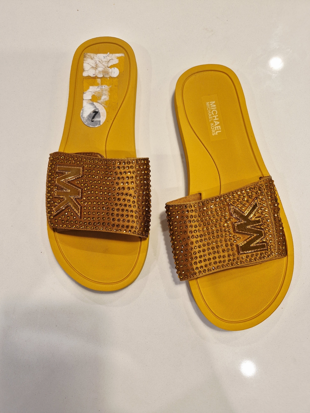 MICHAEL Michael Kors Women's Yellow Embellished Slide Sandals Size 7